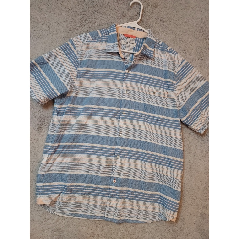 Tommy Bahama Shirt Mens Large Nova Wave Seersucker Tropical Blue Pocket Beach L